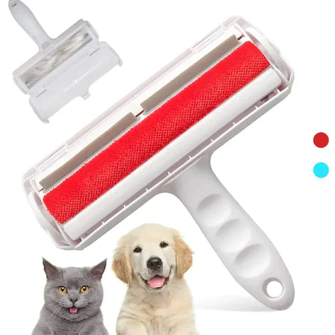 Pet grooming roller with red surface on a white background, featuring a cat and dog.