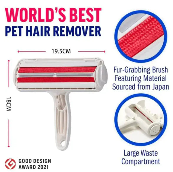 Reusable pet hair remover roller for dogs and cats.