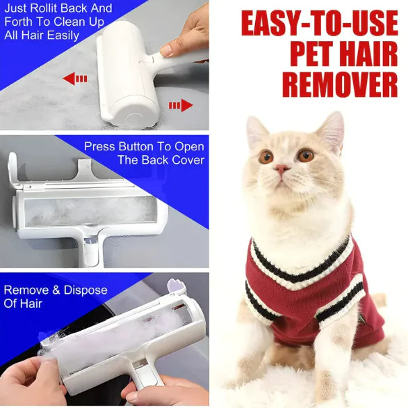 Reusable pet hair remover roller for dogs and cats.