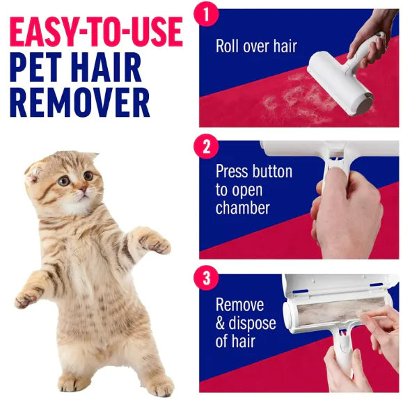 Reusable pet hair remover roller for dogs and cats.